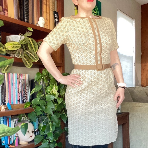 Vintage Dresses & Skirts - Vintage Cream & Tan Belted Sweater Dress
